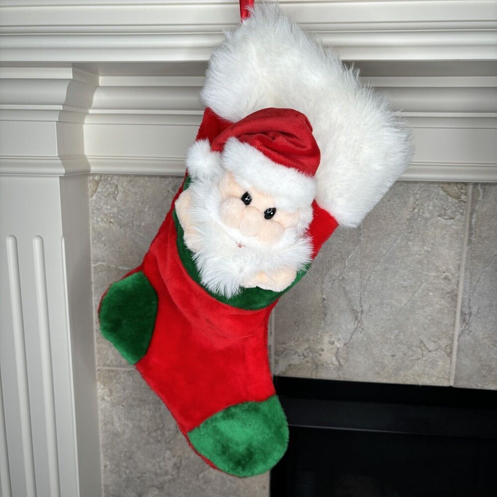 Vintage 3D Santa CHRISTMAS STOCKING Green Red White Plush Hat Prima Creations